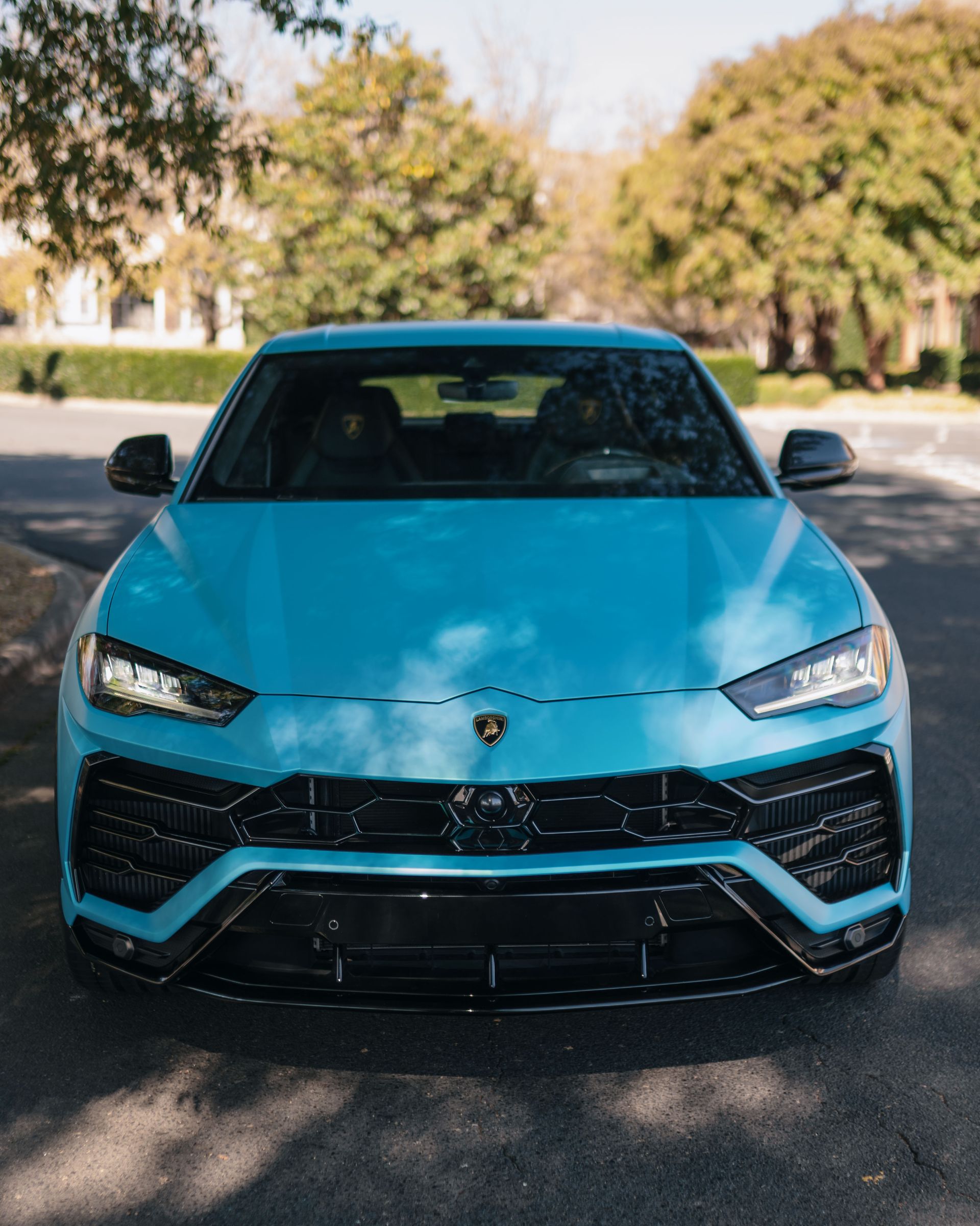 A blue lamborghini urus is parked on the side of the road.