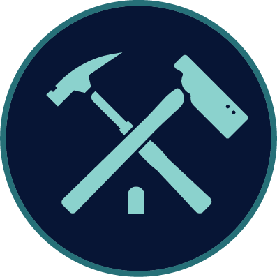 Two crossed hammers over a house icon, teal on a dark blue circle.