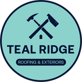 Logo for Teal Ridge Roofing & Exteriors: Teal circle with dark blue tools crossed above text.