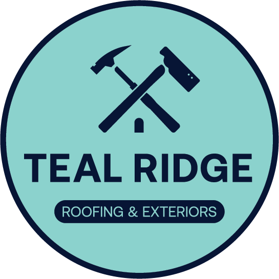 Logo for Teal Ridge Roofing & Exteriors: Teal circle with dark blue tools crossed above text.