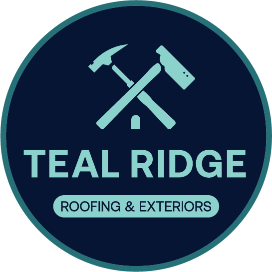 Teal Ridge Roofing & Exteriors logo. Teal tools crossed over a house silhouette, set against a dark teal background.