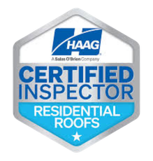 HAAG Certified Inspector badge for residential roofs, with blue and white lettering in a silver shield.