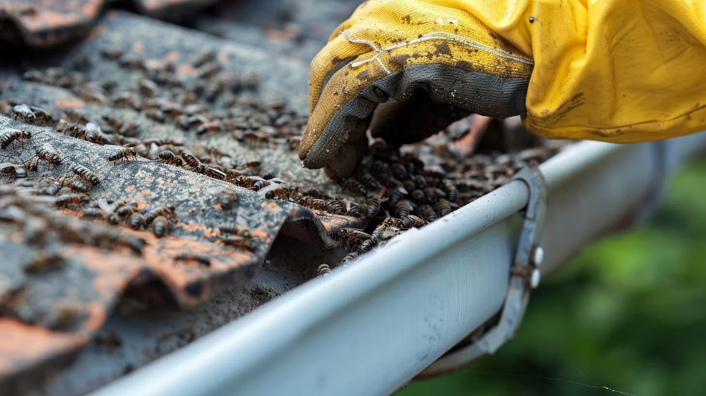 Gloved hand cleaning debris from a gutter on a roof.