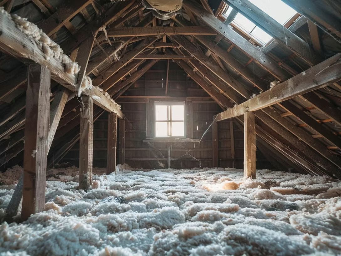 Dusty attic with wooden beams, window, and insulation.