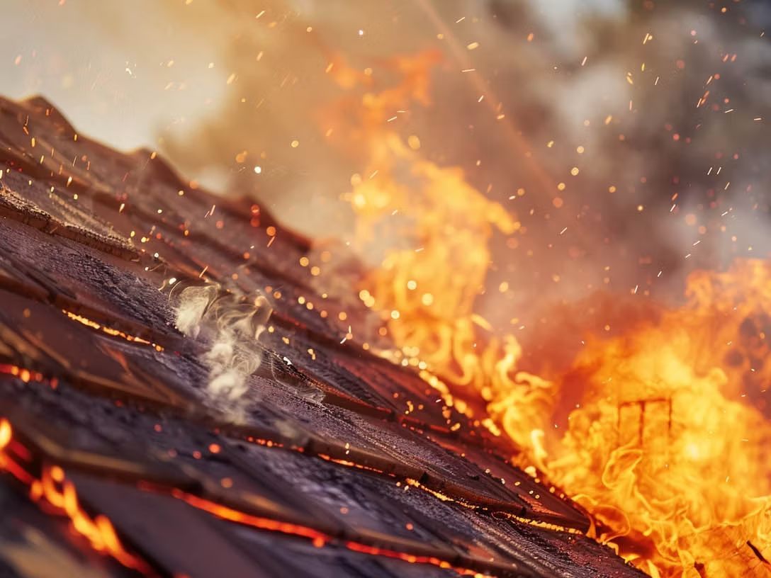 Roof engulfed in flames, fire spreading across the tiles with sparks and smoke.