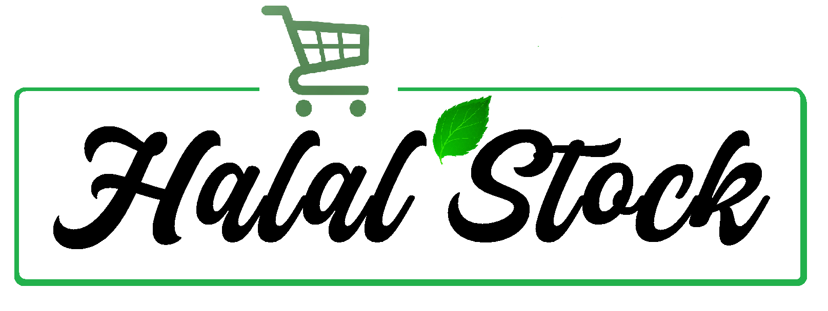 Un logo pour un stock halal avec un caddie et une feuille verte.