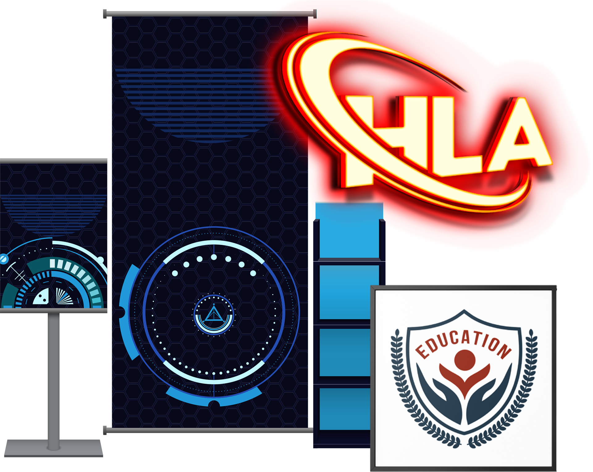 Exhibición promocional con el logotipo de YHLA y gráficos azules con temática tecnológica, que incluye un monitor vertical, una pancarta, estanterías y un logotipo educativo.