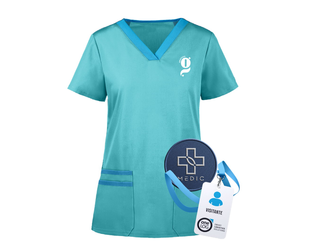 Uniforme médico de color turquesa con etiqueta con nombre y medallón con una cruz.