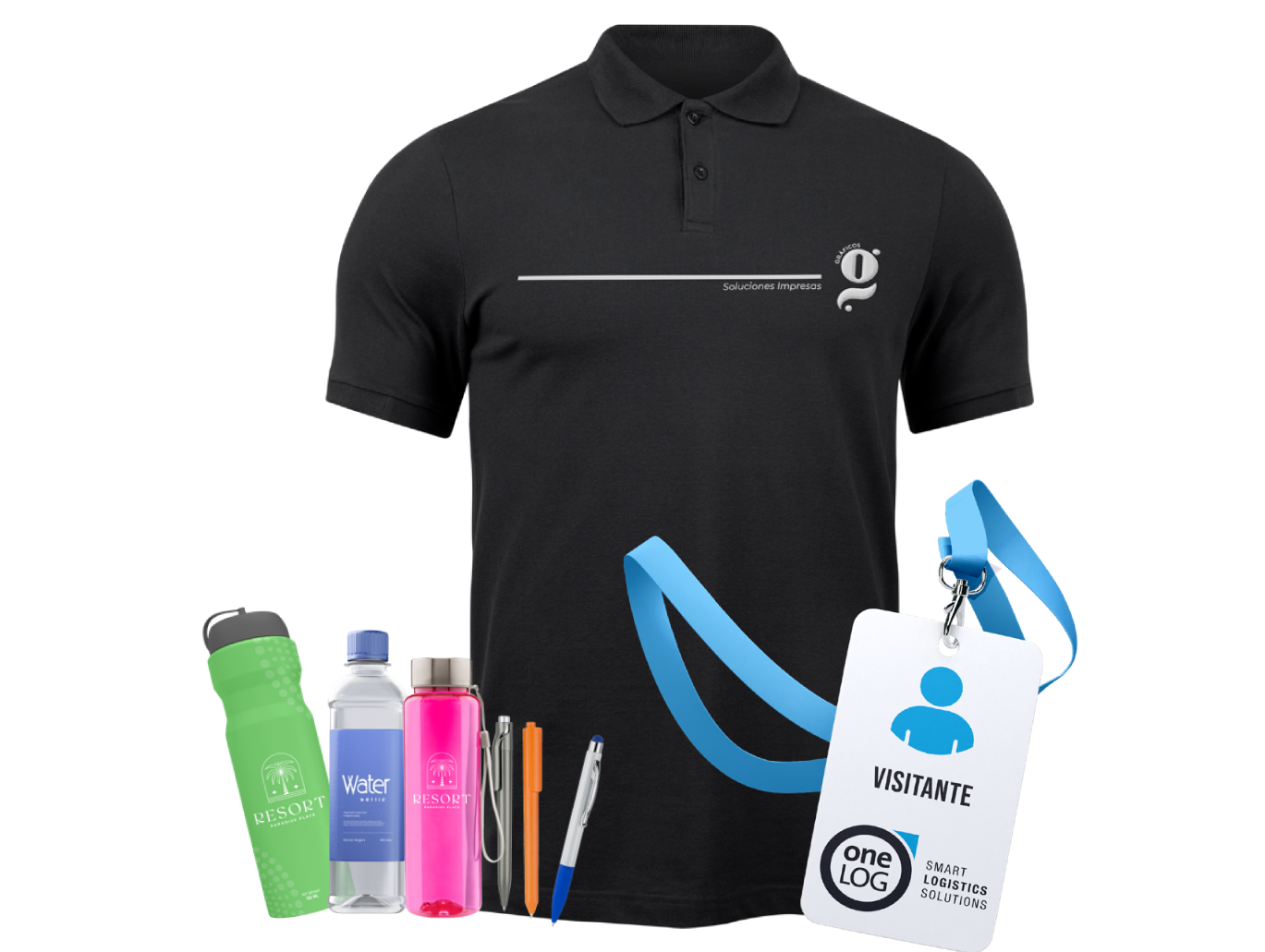 Artículos promocionales: polo negro, botellas de agua, bolígrafos y un cordón con una insignia del evento.