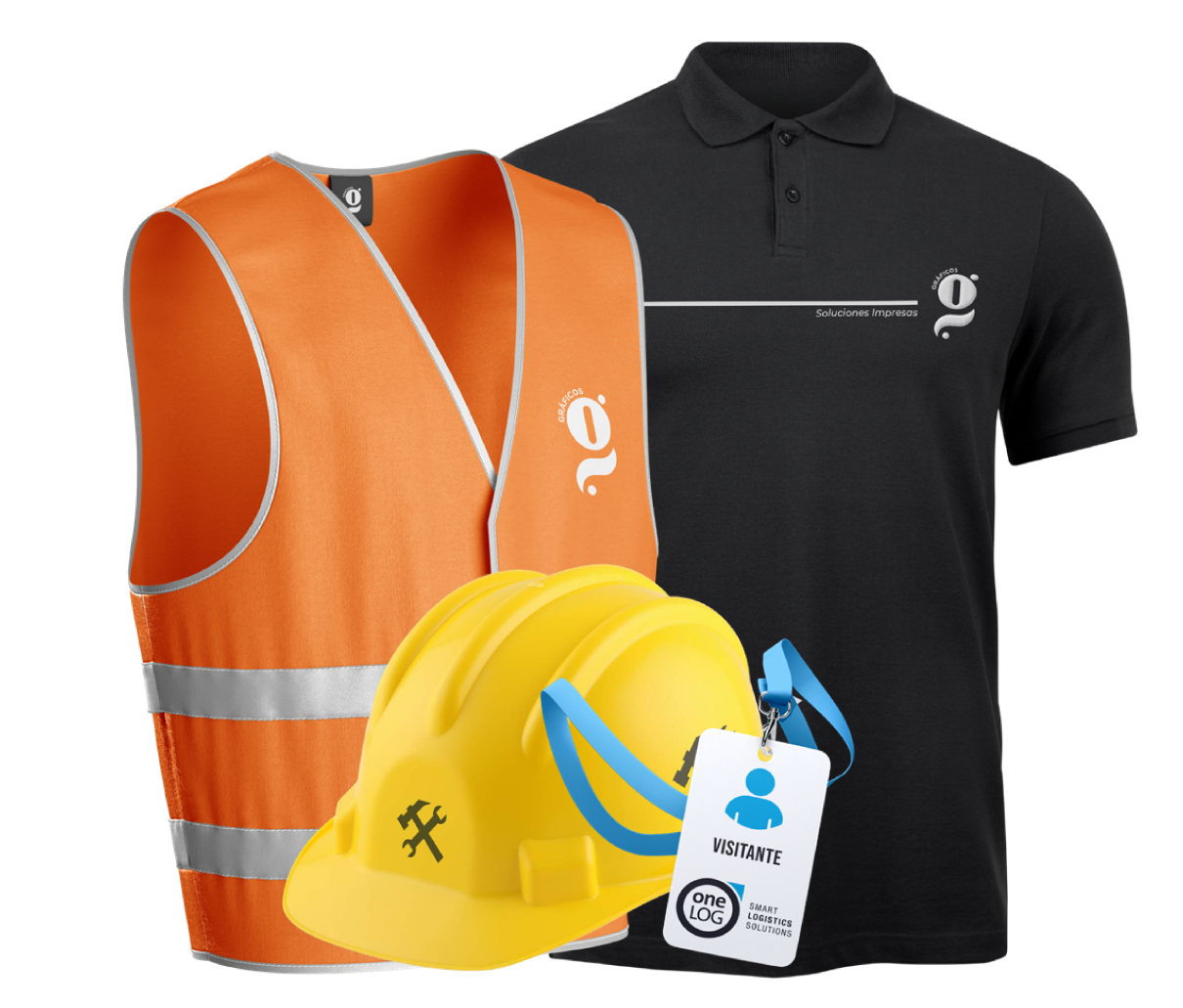 Chaleco de seguridad naranja, casco amarillo, polo negro y credencial con el logotipo de la empresa.