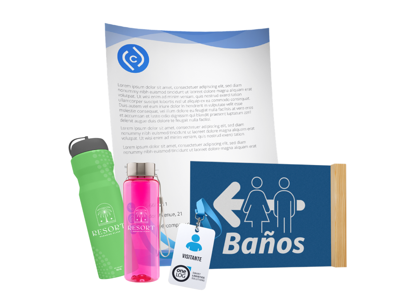 Artículos para un evento: botella de agua verde, botella de agua rosa, carta, credencial de empleado, letrero de baño.