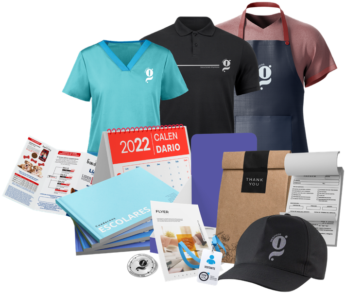 Artículos promocionales que incluyen uniforme, calendario, papelería y gorra, todos con logotipo.