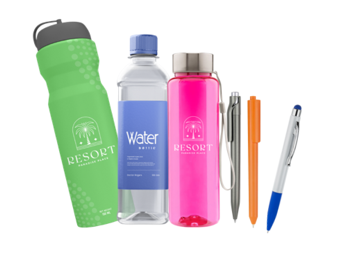 Surtido de artículos promocionales: una botella de agua verde, una botella de agua, una botella de agua rosa y tres bolígrafos.