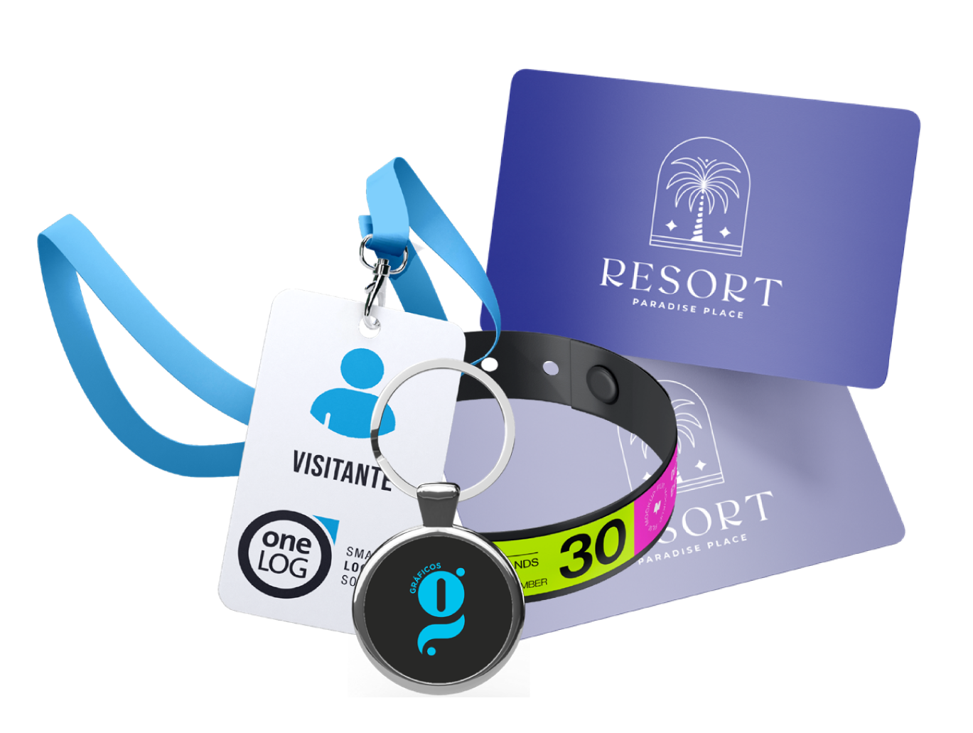 Diversos elementos de acceso al complejo, entre los que se incluyen una credencial, un llavero, una pulsera y tarjetas con un logotipo en un entorno de complejo.