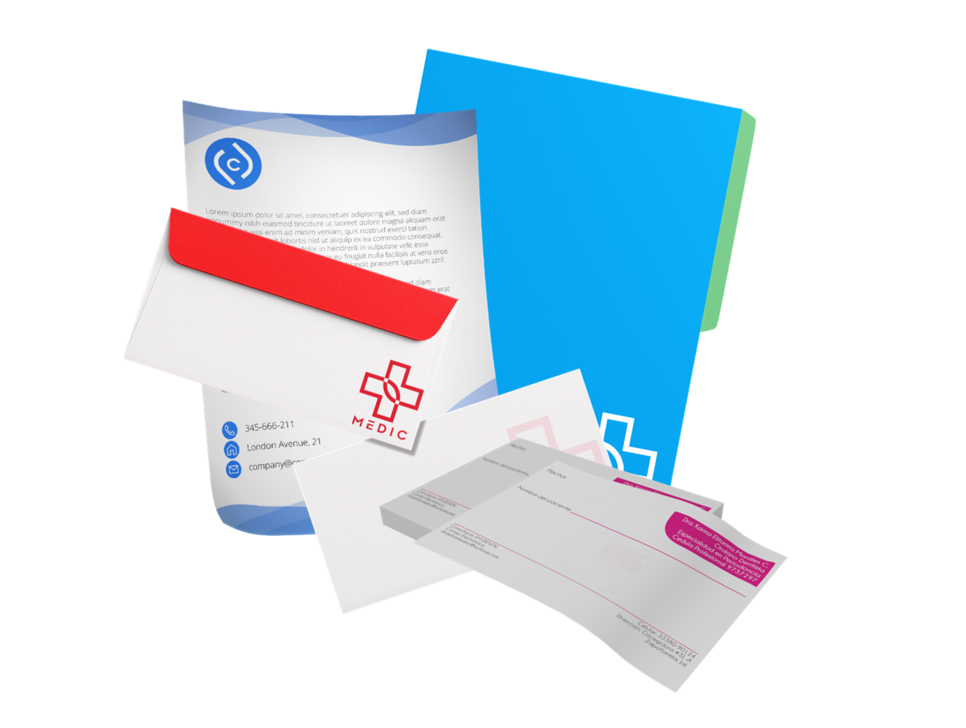 Papelería médica: papel membretado, sobres, talonario de recetas y carpeta azul.
