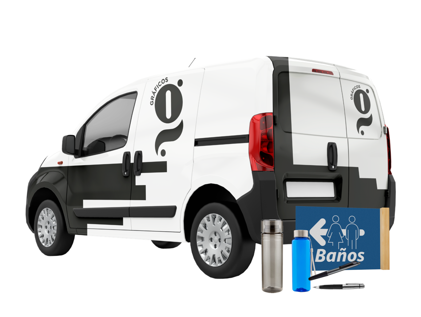 Furgoneta blanca con detalles en negro y logotipo, junto a un cartel de baño, botellas de agua y bolígrafos.
