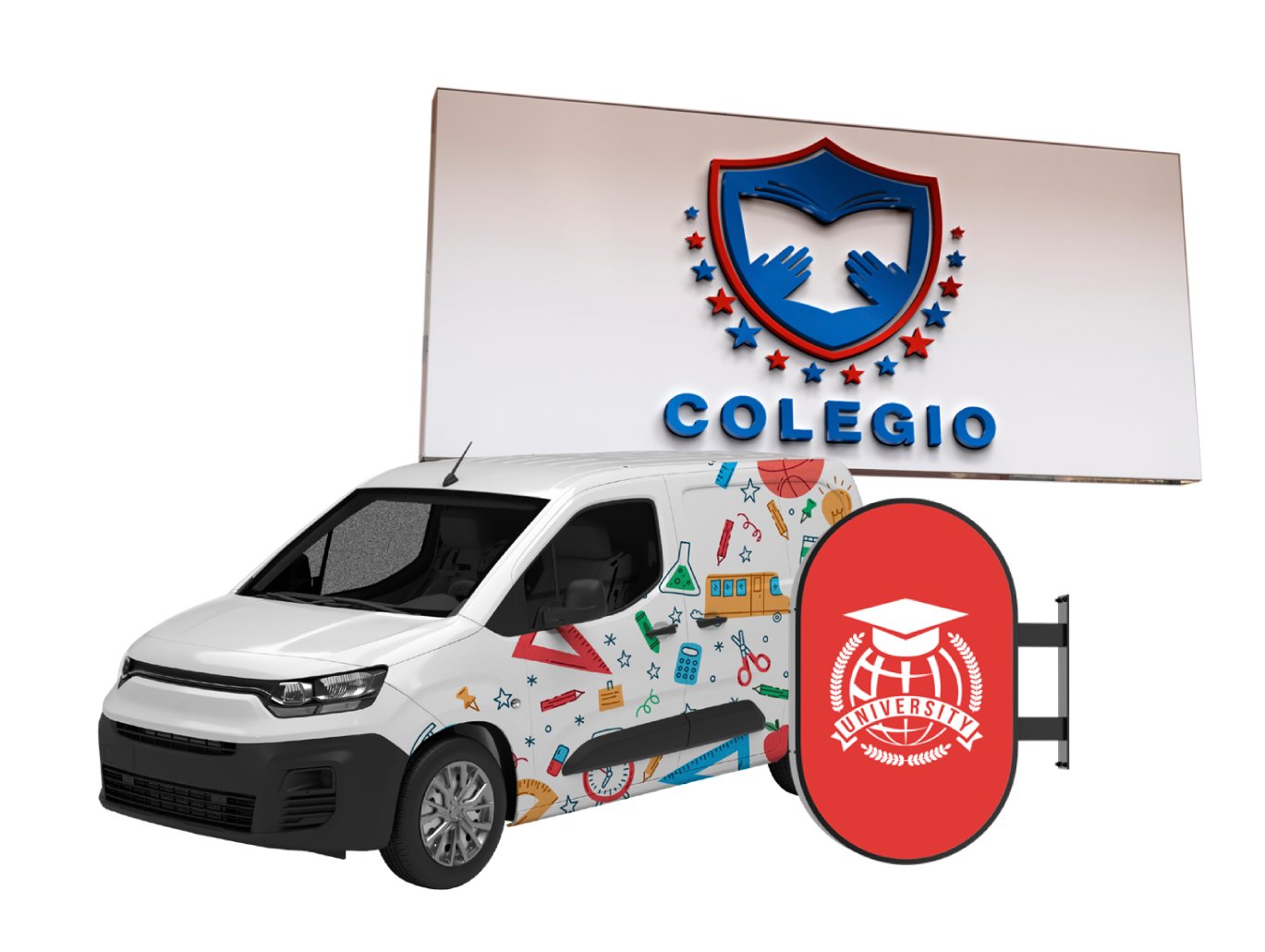 Una camioneta blanca con gráficos de útiles escolares y el logo 