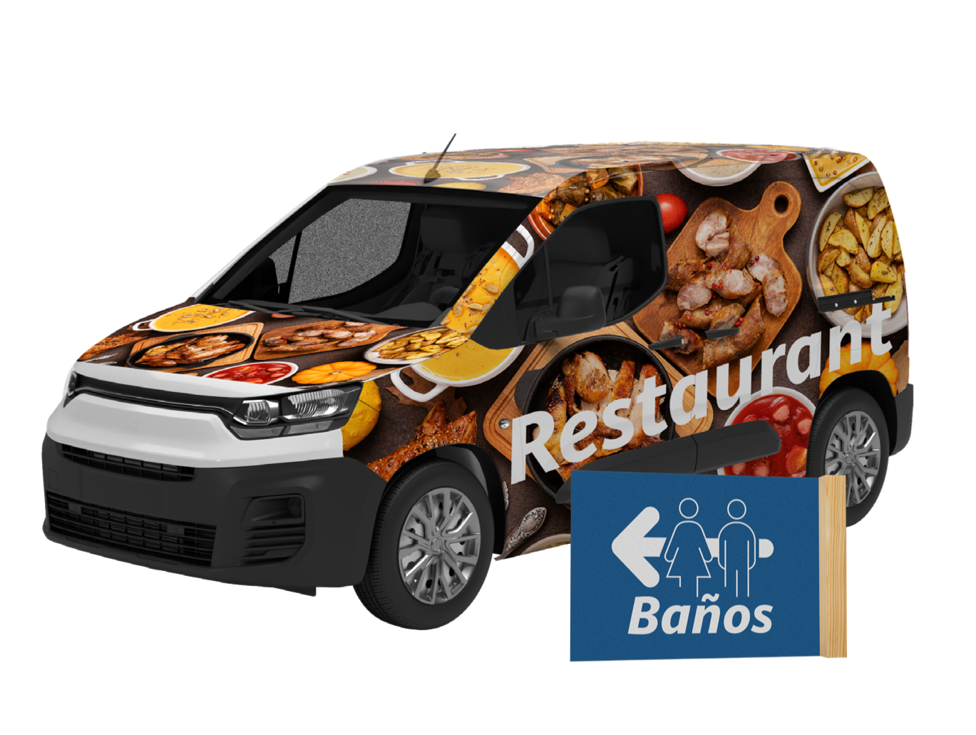 Una camioneta de entrega de restaurantes con gráficos de comida, un letrero de baño y la palabra 