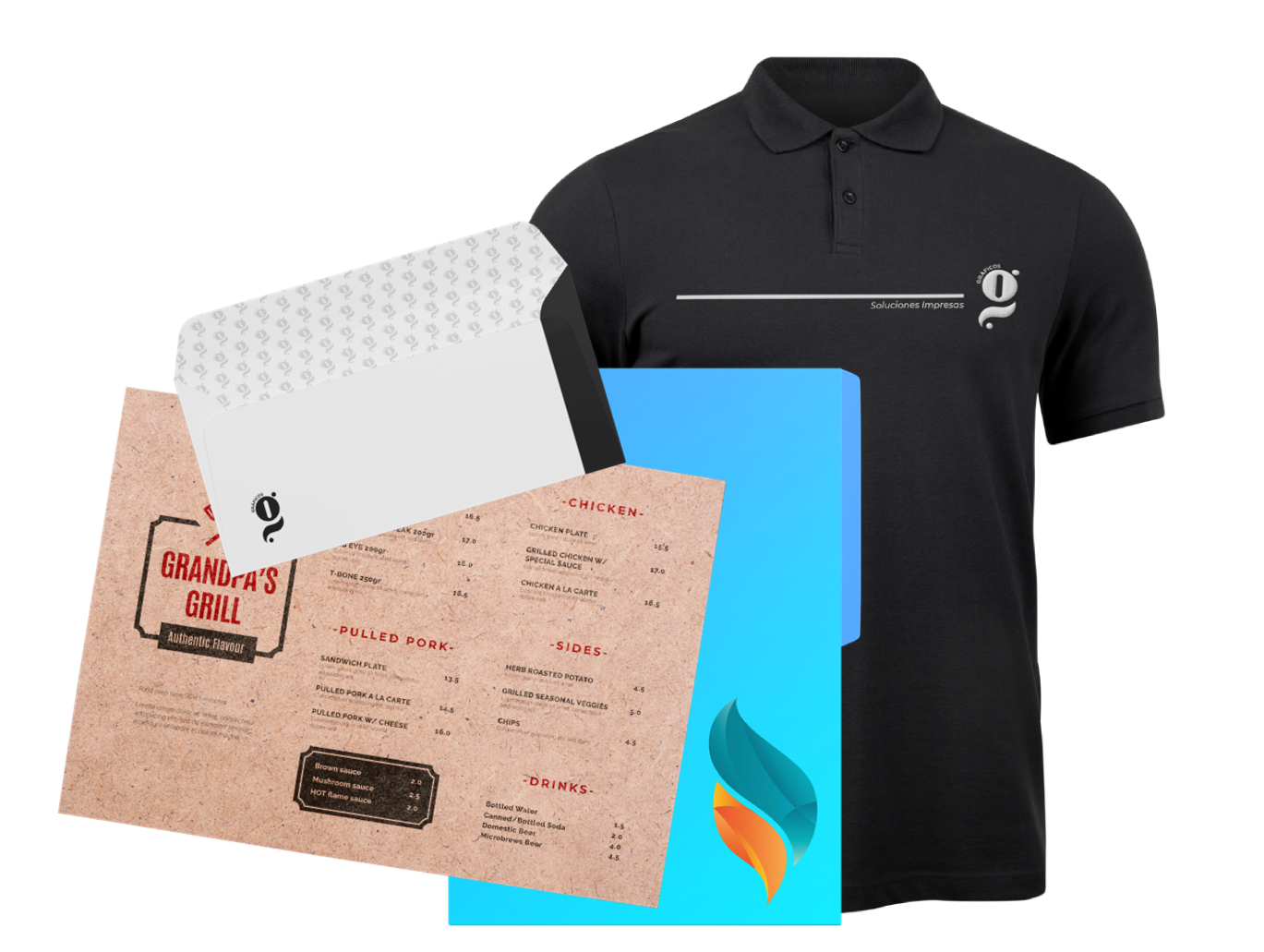 Polo negro, carpeta azul, menú y sobre con la marca. Artículos probablemente para uso comercial o empresarial.