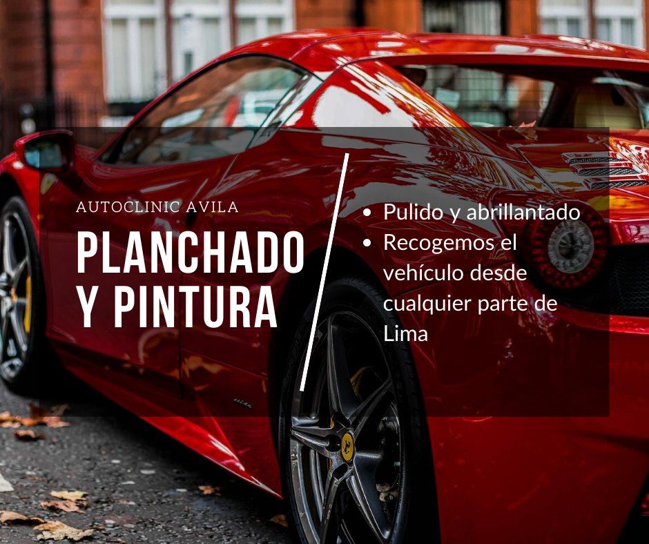 Un elegante coche deportivo rojo sirve de fondo para un anuncio de los servicios de carrocería y pintura de Autoclinic Avila.