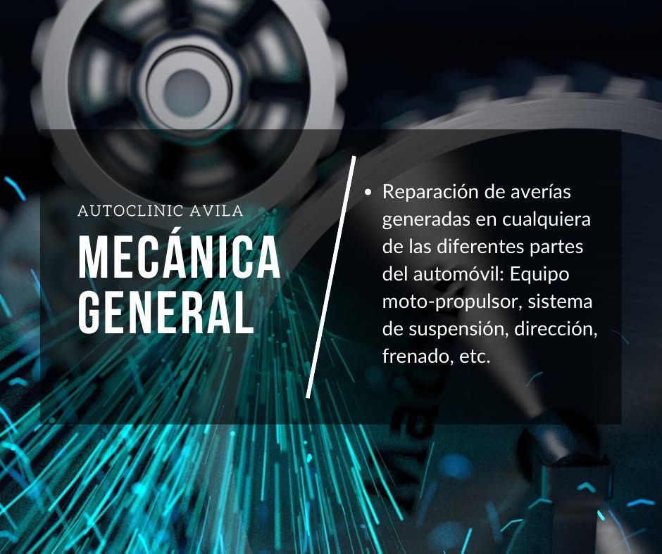 Folleto de servicio de Autoclinic Avila para mecánicos generales, con engranajes mecánicos y chispas azules abstractas.