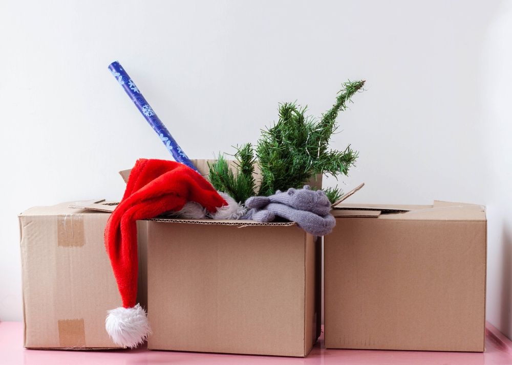 Christmas/holiday decor stored in storage bins.