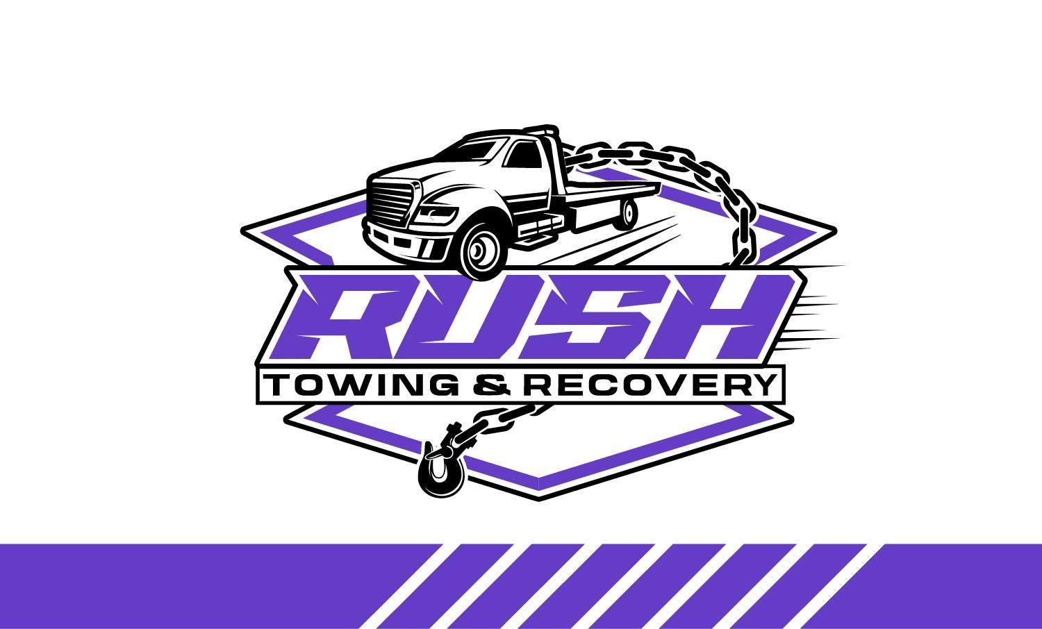 Logo for Rush Towing & Recovery: a purple and white emblem with a tow truck and chain.