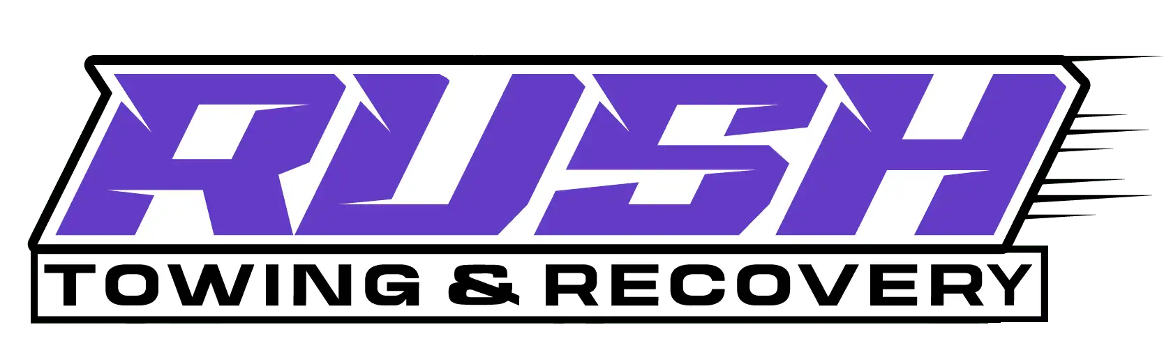 Logo for Rush Towing & Recovery: purple text on a white background.