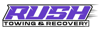Logo for Rush Towing & Recovery: purple text on a white background.