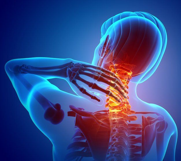 Computer rendered image of a man holding his neck in pain. The image shows bones through a translucent representation of skin.