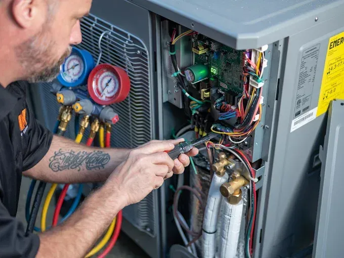 Technician checking HVAC unit wiring and gauges with a probe tool