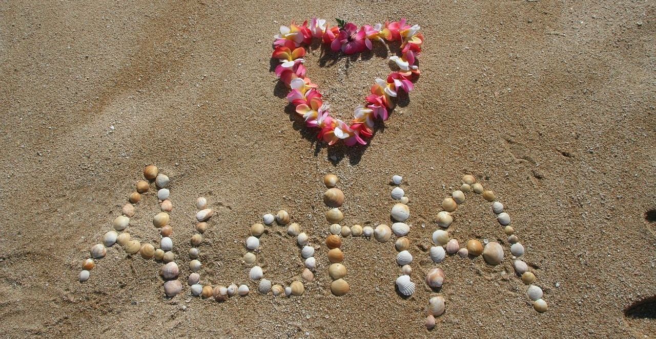 aloha written in shells in the sand