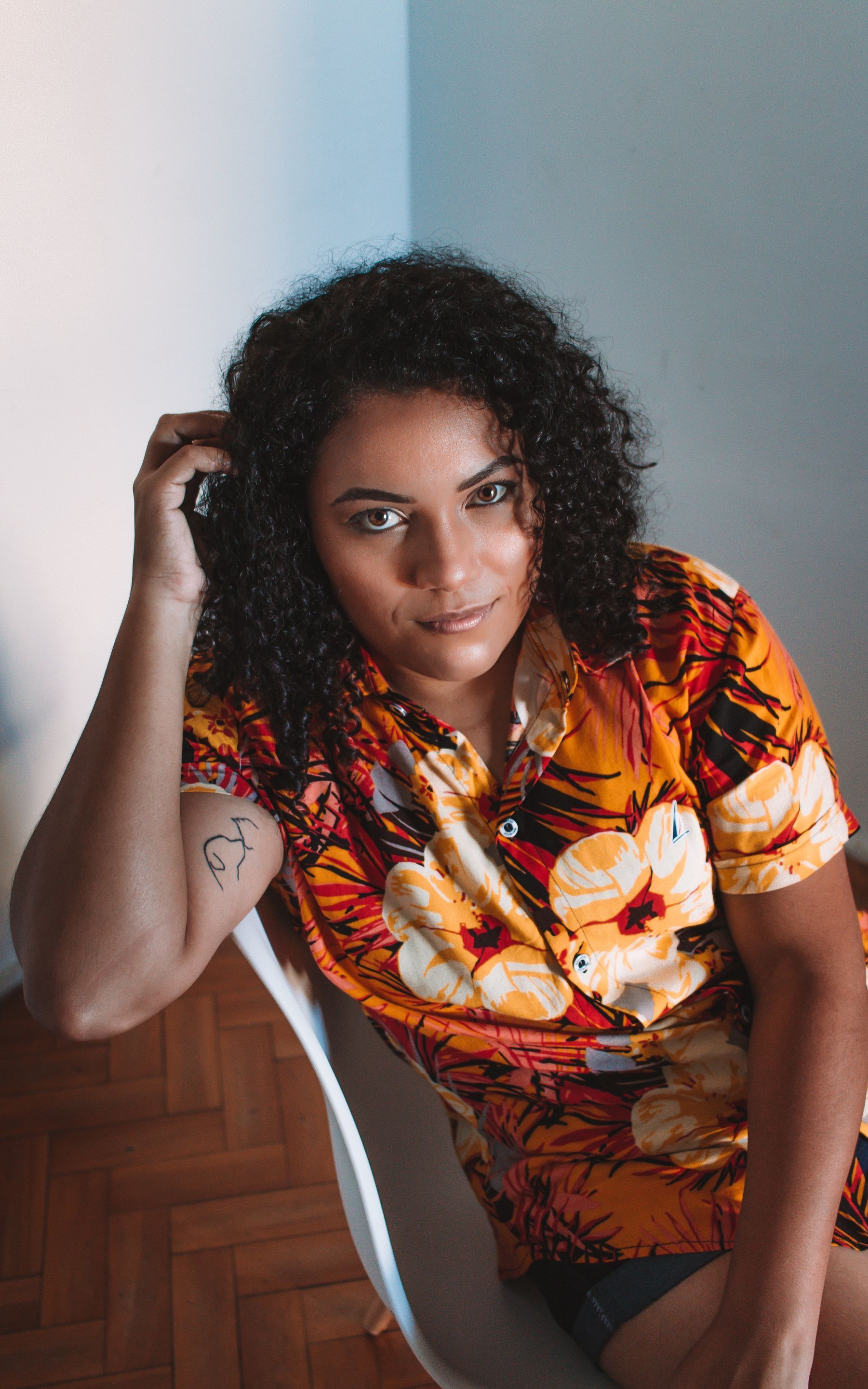 woman in hawaiian shirt