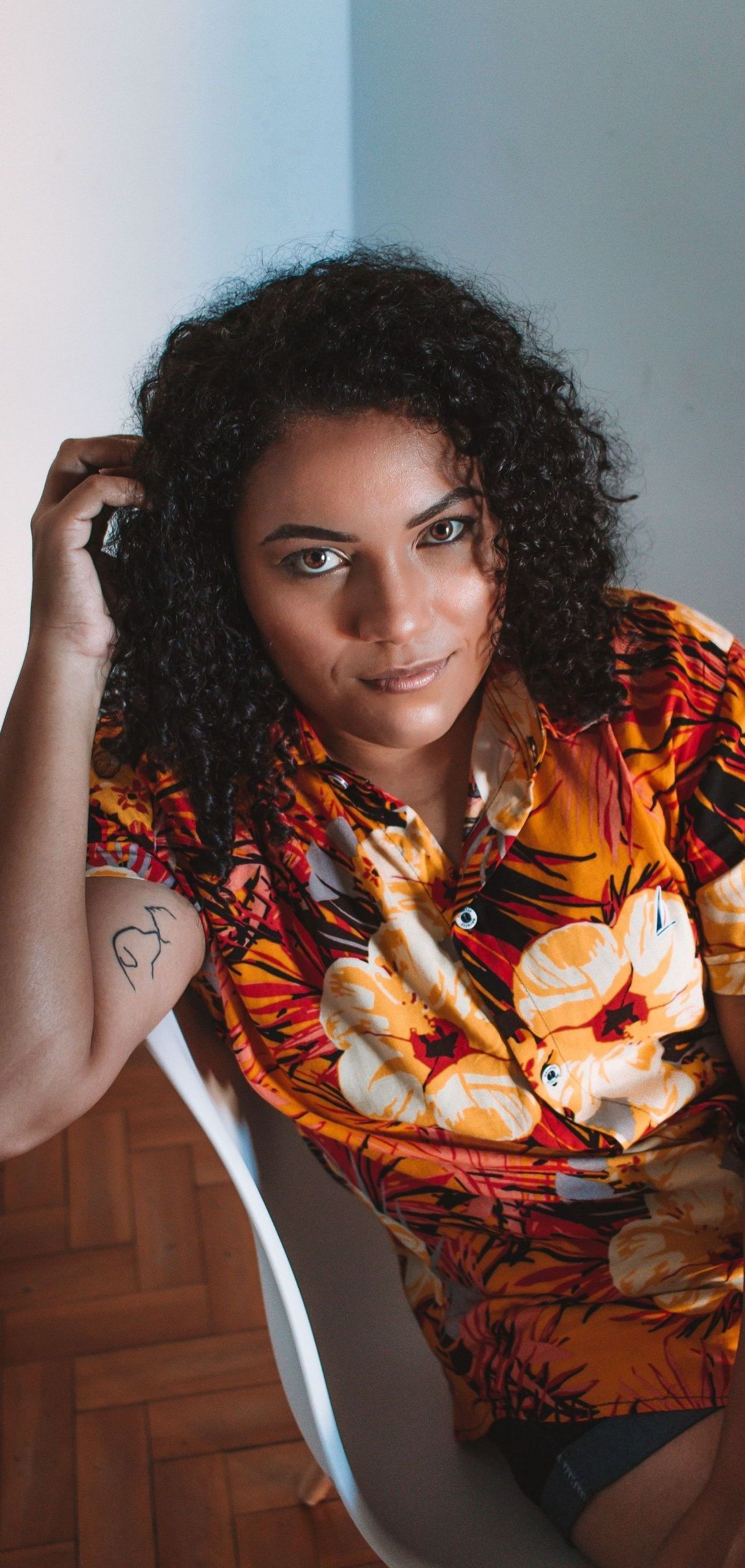 woman in hawaiian shirt