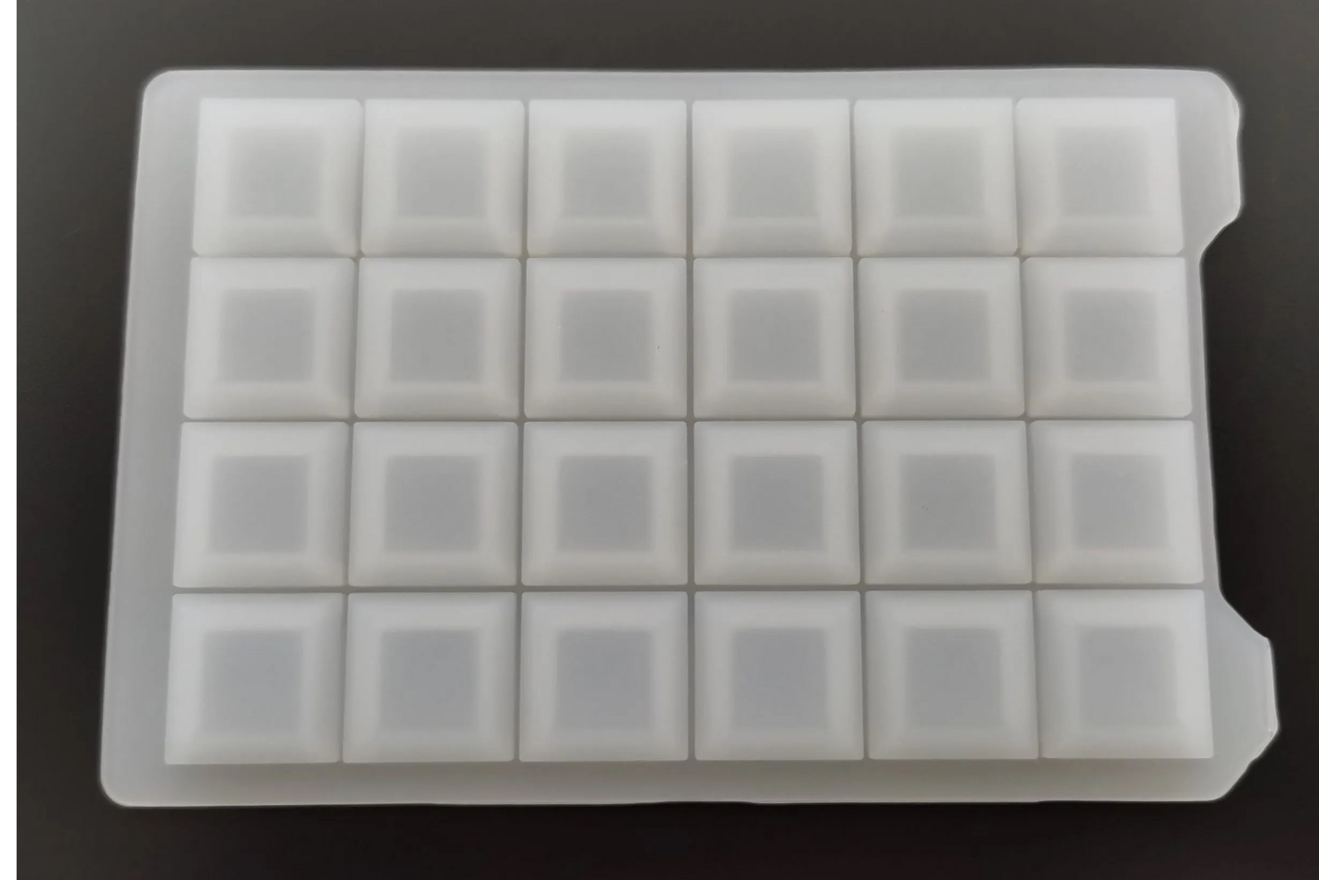 A plastic tray with squares on it is sitting on a table.