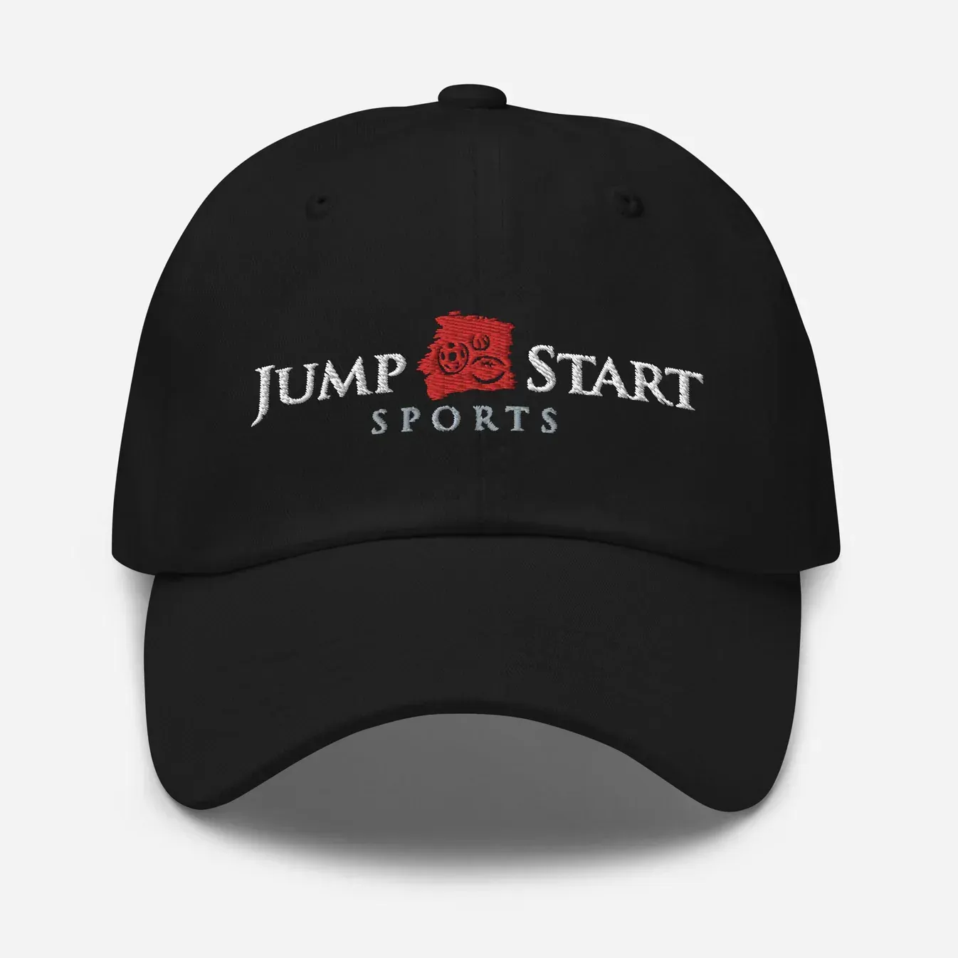 A black baseball cap that says jump start sports