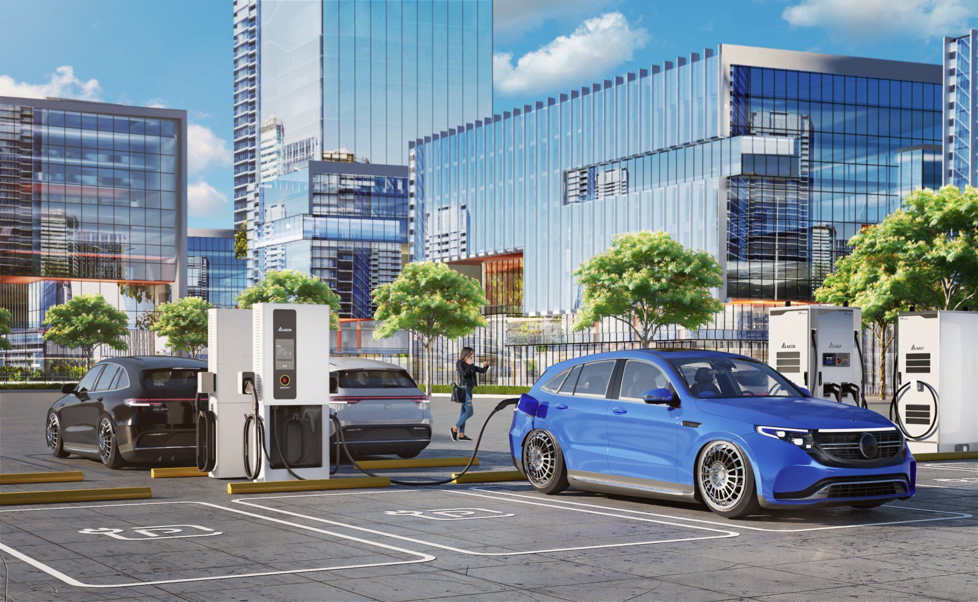 Delta Electronics EV Chargers in an outdoor car park with vehicle charging their electric vehicles