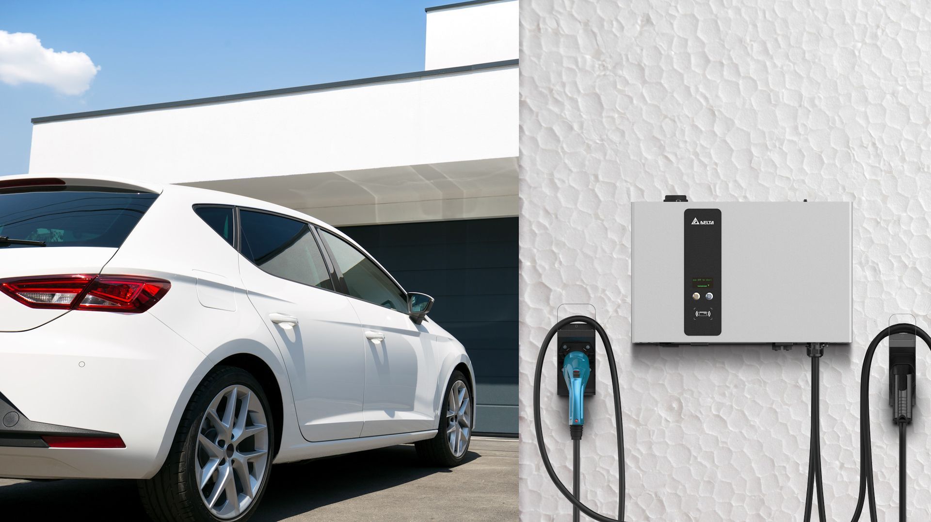 Delta Electronics electric vehicle wall charger ev charger in a driveway