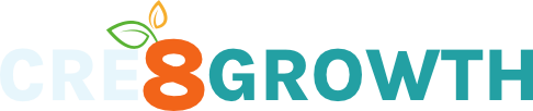 CRE8GROWTH logo with light blue text, orange “8,” and a green leaf above the letters