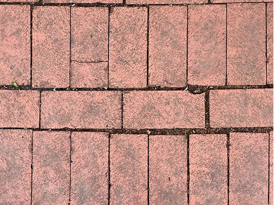 A close-up of a brick walkway featuring a repeating pattern of vertical and horizontal red pavers.