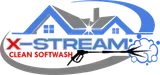 Logo for X-Stream Clean Softwash featuring a house silhouette, a spray wand, and soap bubbles in blue, red, and grey.