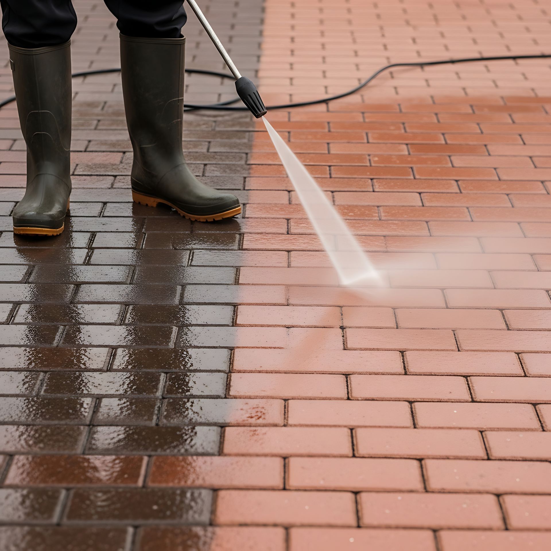 A person wearing boots uses a power washer to clean a red brick patio, showing a contrast between dirty and clean areas.