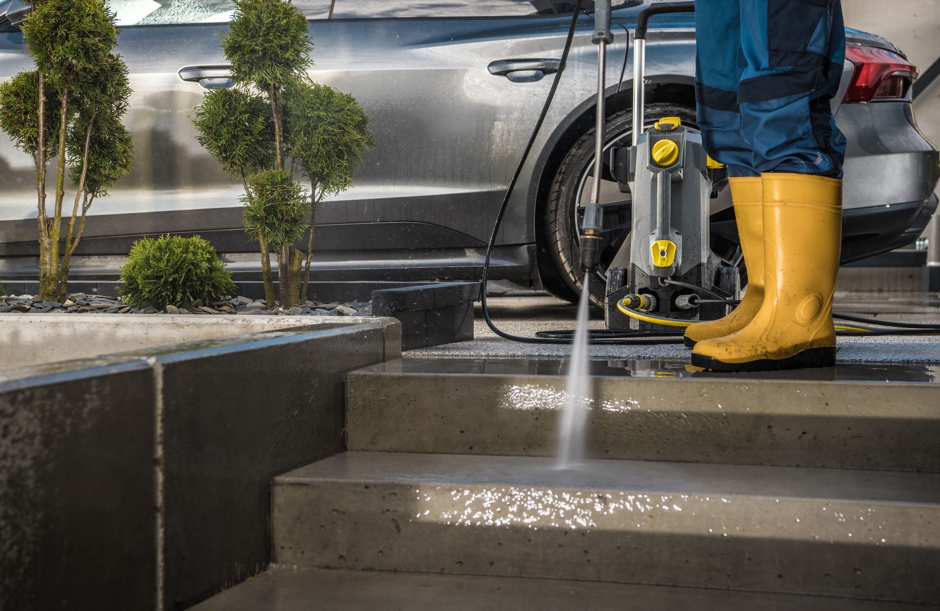 A person wearing yellow rubber boots uses a pressure washer to clean gray concrete outdoor stairs.