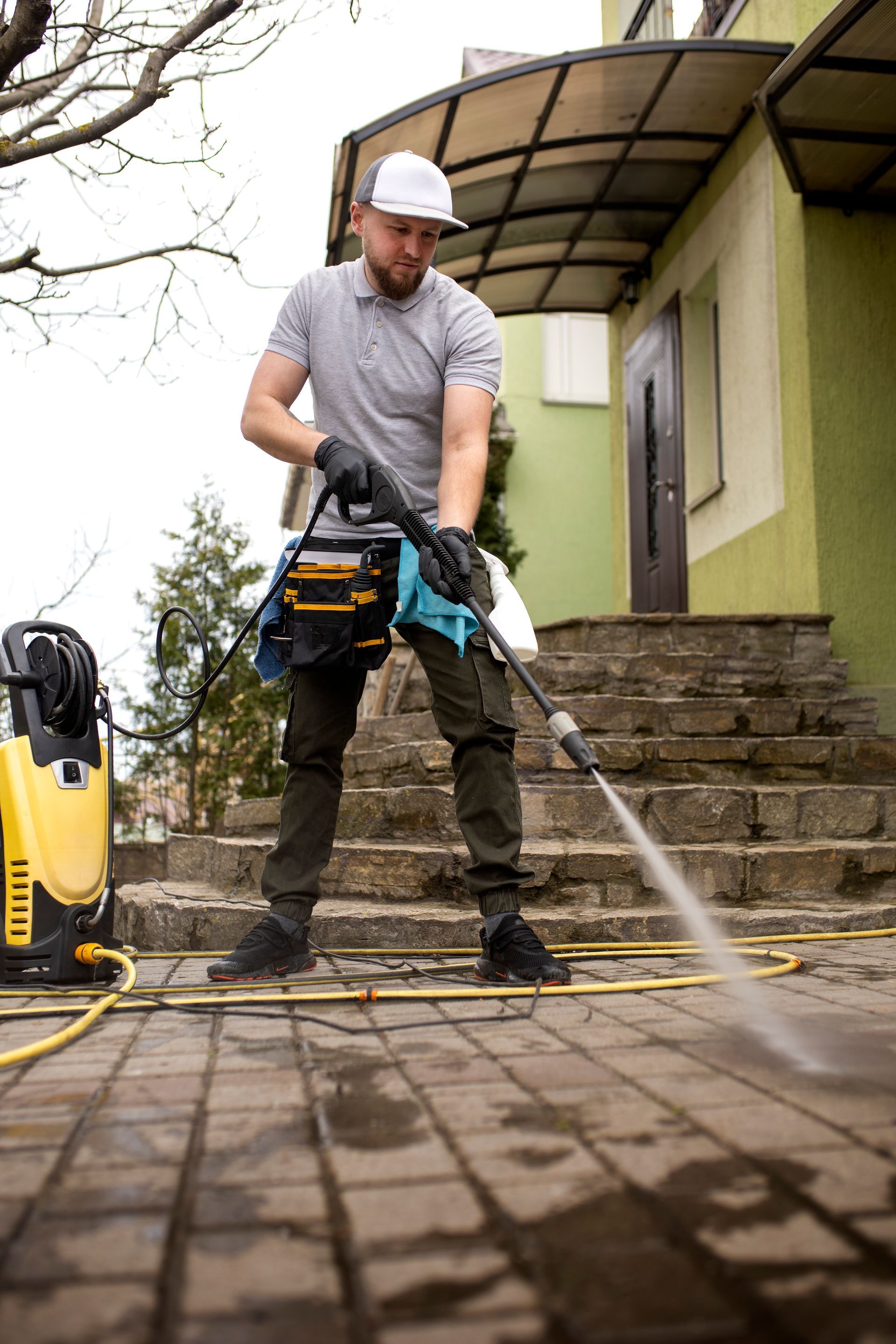 A person in a gray shirt and cap uses a yellow pressure washer to clean a paved walkway in front of a house.