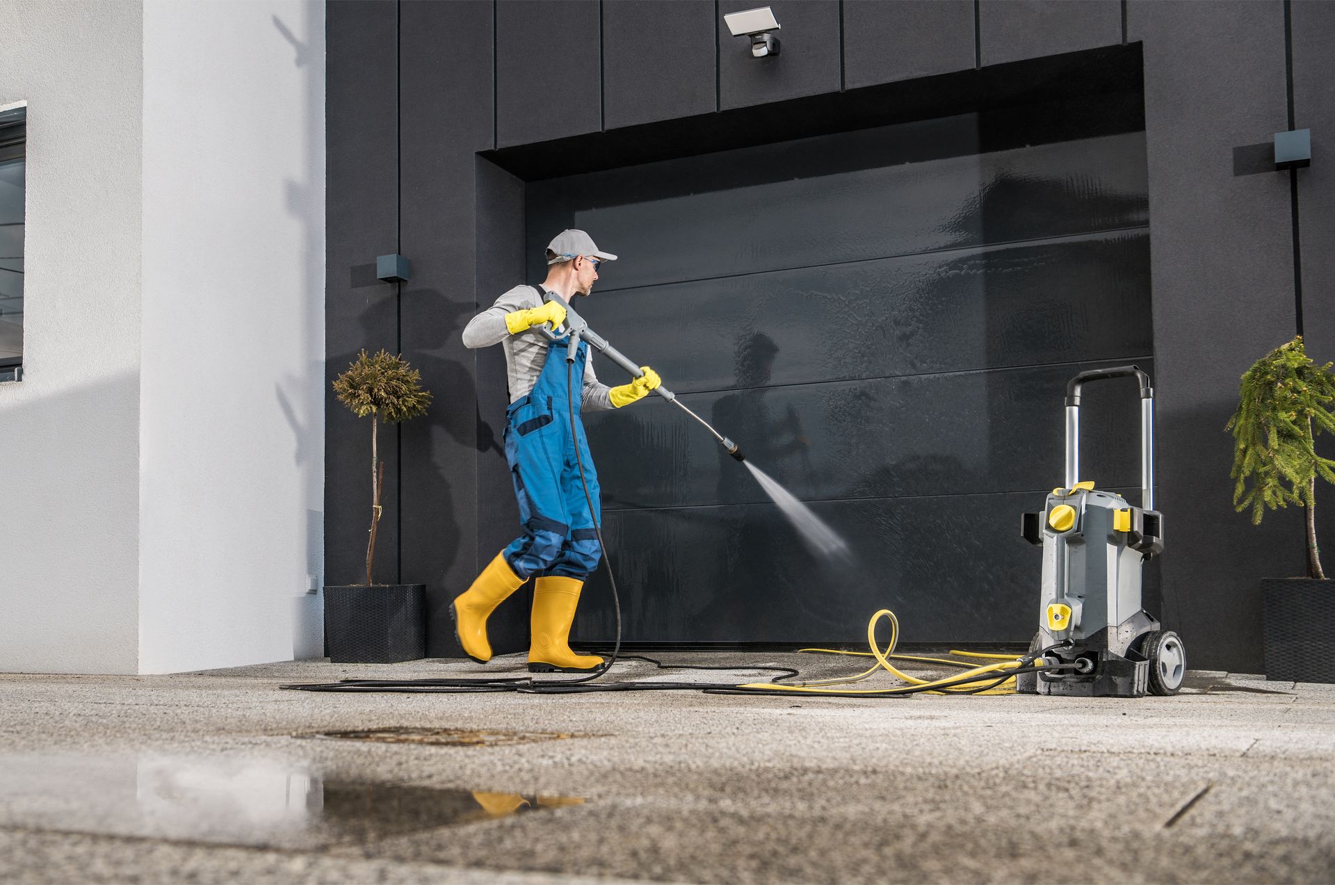 A person wearing blue overalls and yellow boots uses a power washer to clean a dark garage door.