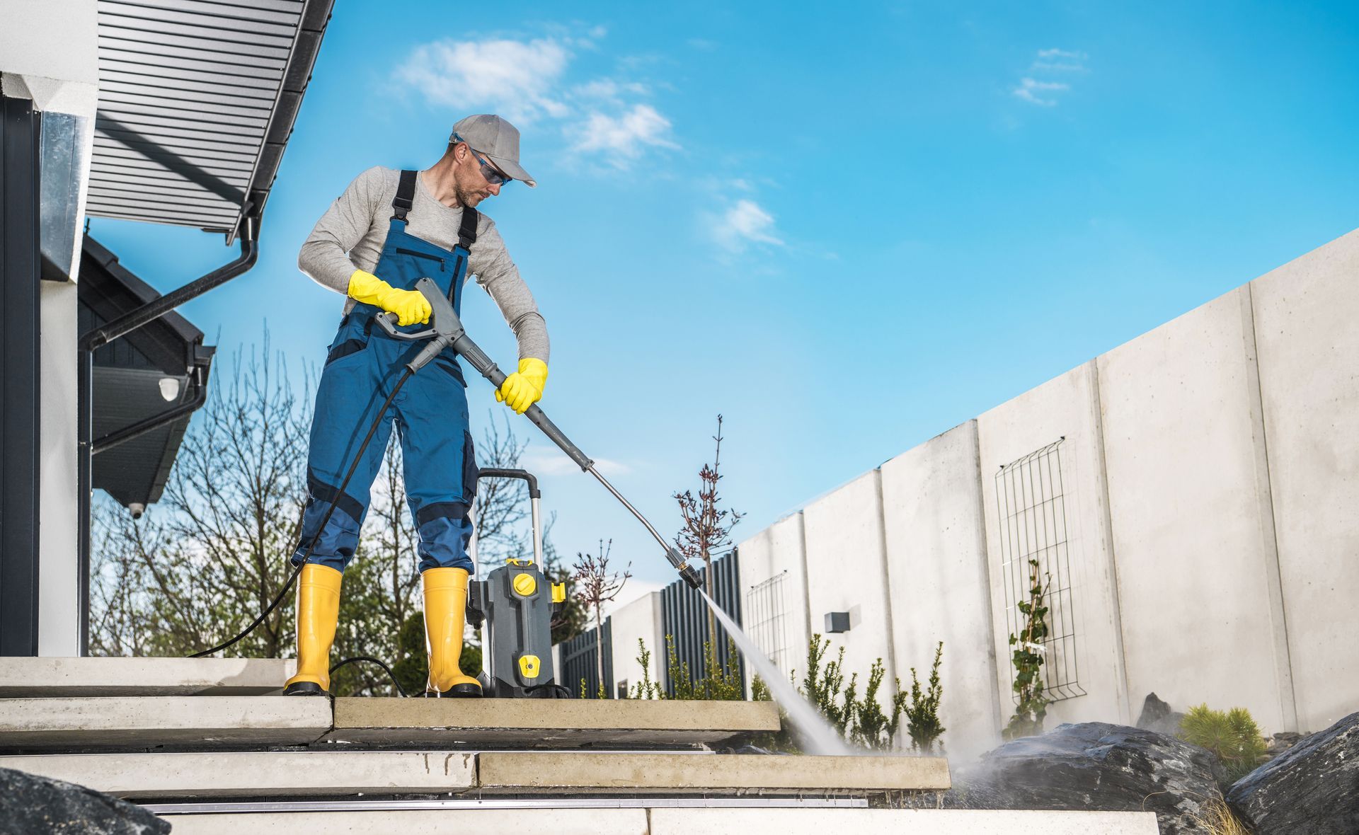 A person in blue overalls and yellow boots uses a pressure washer to clean stone steps outdoors under a blue sky.