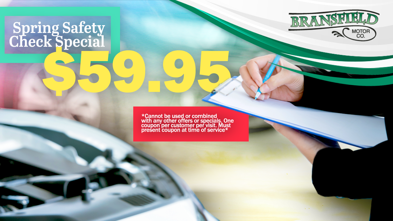 Spring safety check special: $59.95. Tires on a snowy road with text and logo for Fransfield Oil.