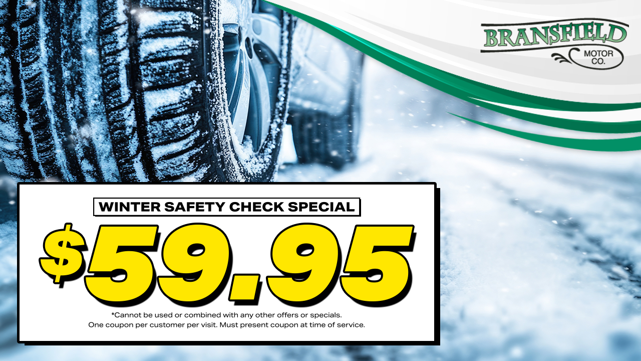 Winter safety check special: $59.95. Tires on a snowy road with text and logo for Fransfield Oil.