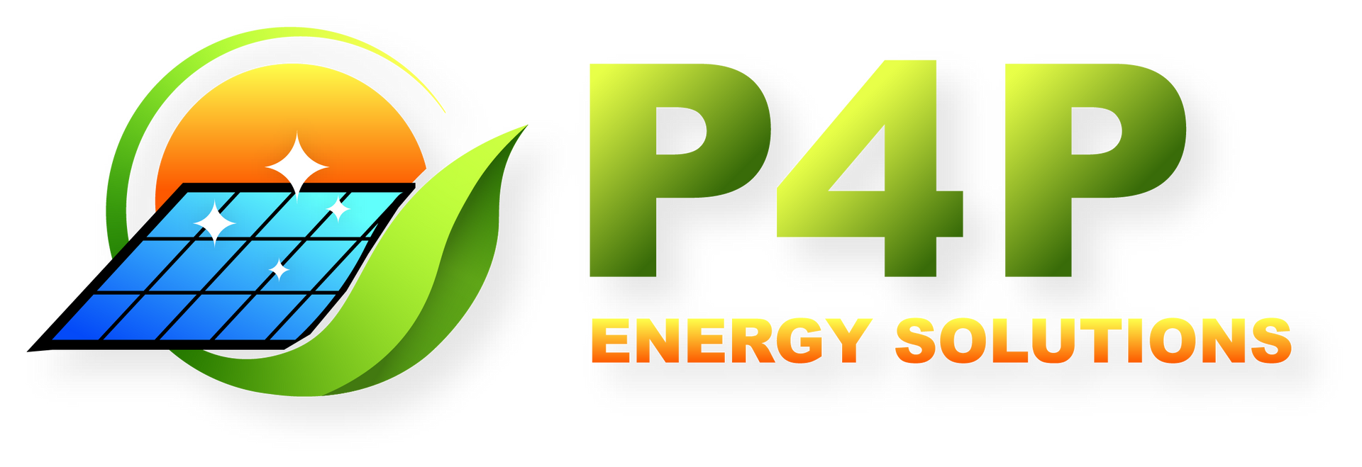 Logo of P4P Energy Solutions: Solar panel, leaf, sun, and green 