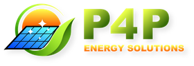 Logo of P4P Energy Solutions: Solar panel, leaf, sun, and green 